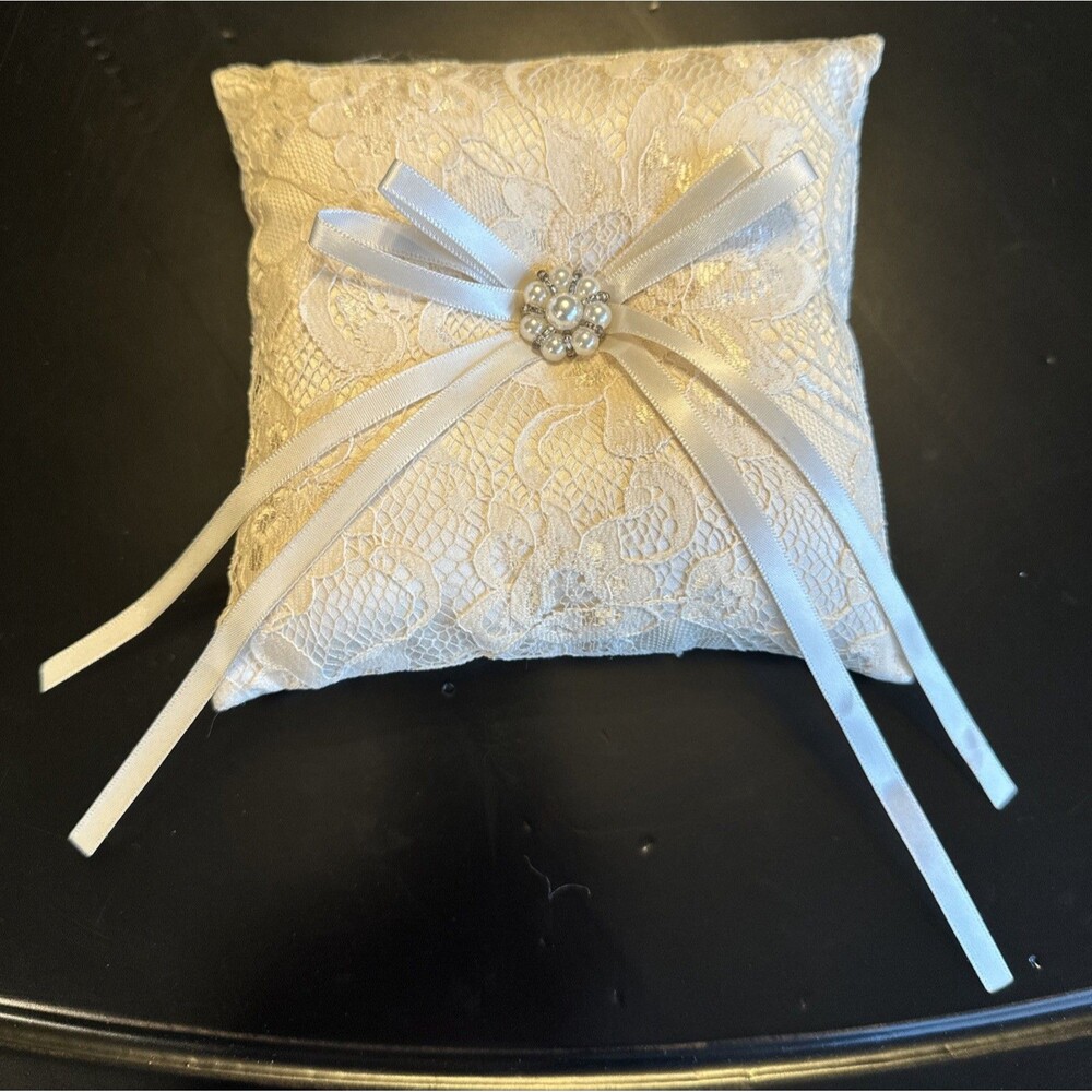 Wedding Ring Bearer Pillow Floral Lace Satin Ribbon Faux Pearls Seed Beads